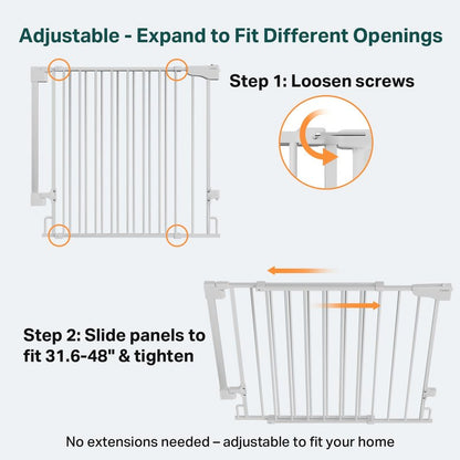 Cumbor Expandable 31.6-48" Baby Gate for Stairs, Hardware Mounted, 2-in-1 No Bottom Bar Dog Gate Indoor, Auto Close Pet Gate for Doorways with Large Walk Thru Door, Child-Proof Gate for Kids (White)