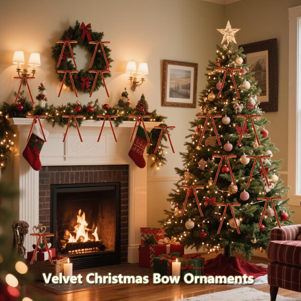26 Pcs Velvet Christmas Tree Bows Ornaments, 5x7 Inch, 3/8" Wide, Craft Ribbon Bows for Garland Wreath Indoor Outdoor Xmas Decorations, Camel