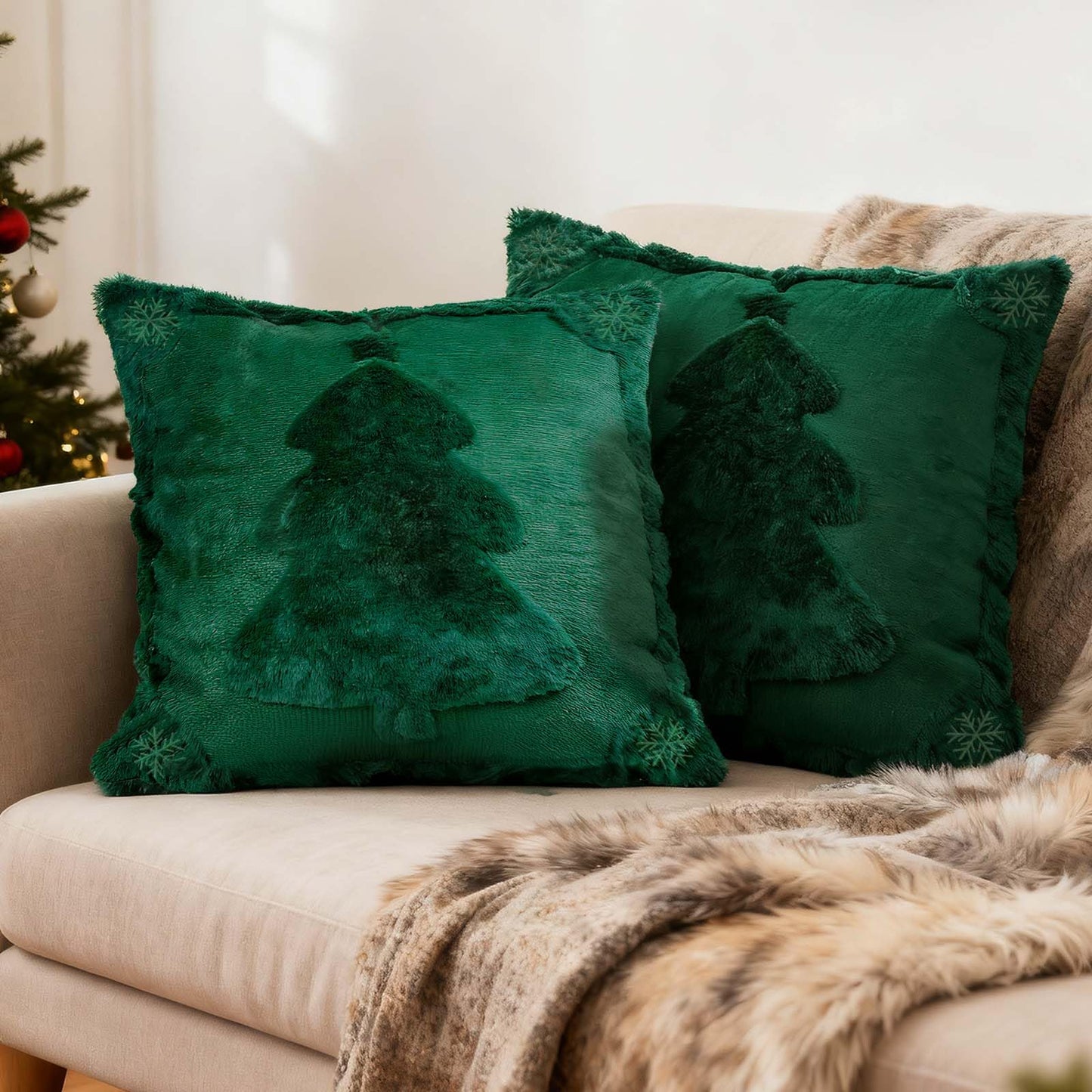 ONFAON Christmas Decorations - Christmas Pillow Covers 18x18 Inch Set of 2,Embroidered Xmas Tree Soft Plush Faux Fur Wool Throw Pillows Winter Holiday Decor for Sofa Living Room, Green