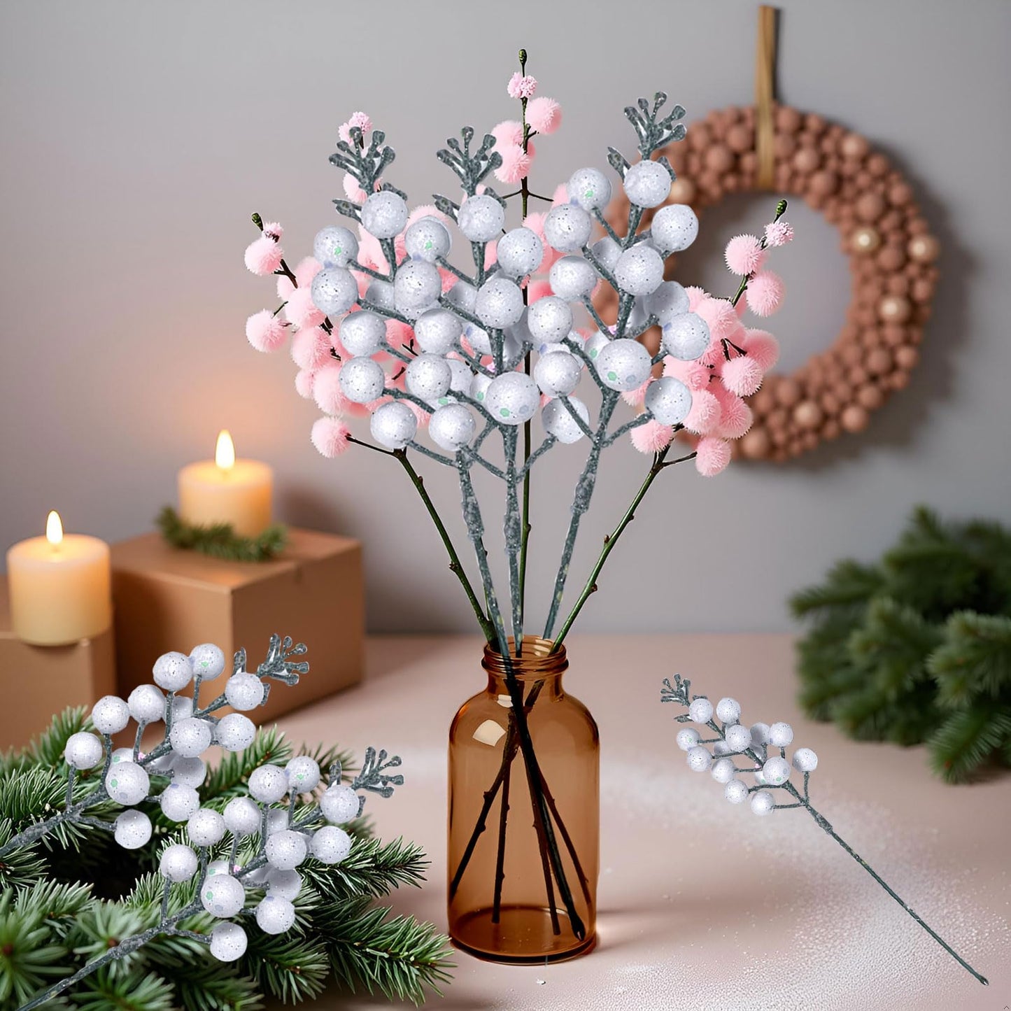 Uabwim 24Pack Christmas Picks Glitter Berries Stems Artificial White Berry Branches Holly Picks Stems Christmas Tree Ornaments for DIY Xmas Wreath Crafts Gifts Holiday Home Decor (White)