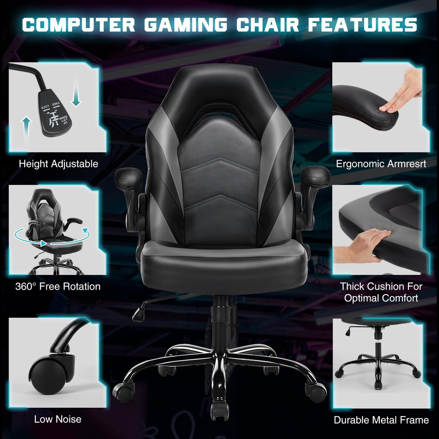 DUMOS Ergonomic Computer Gaming Chair - Home Office Desk with PU Leather Lumbar Support, Height Adjustable Big and Tall Video Game with Flip-up Armrest, Swivel Wheels for Adults and Teens