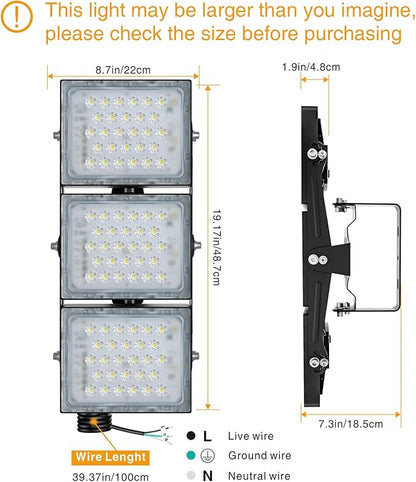 STASUN Flying Series Pro - 150W 15000LM LED Flood Light Outdoor, 3000K Warm Soft White, 110V-130V, IP66 Waterproof, Muti Angle Exterior Floodlight for Sport Court, Commercial, Backyard, Driveway