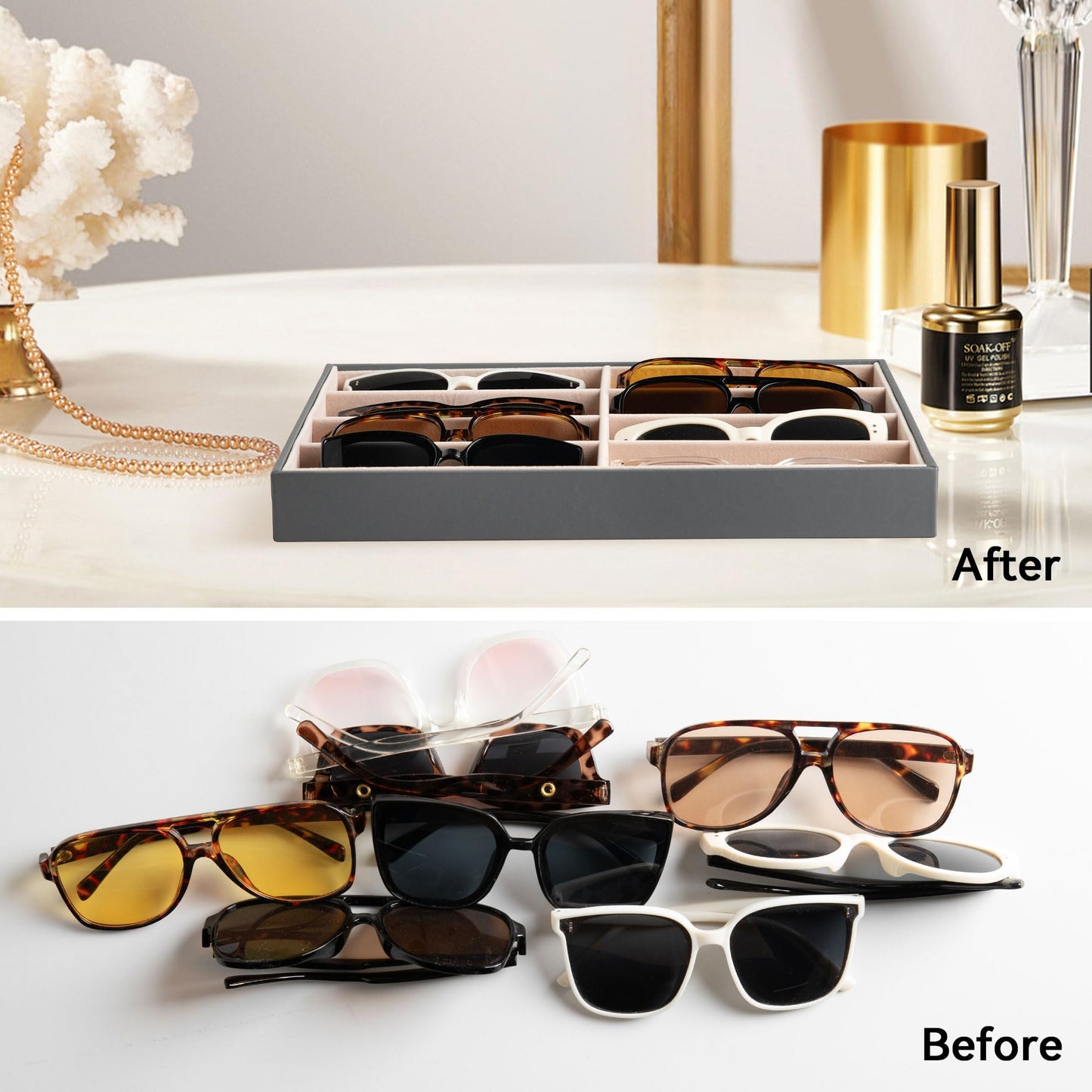 Frebeauty Sunglass Organizer,PU Leather Glasses Organizer,8-Slot Sunglasses Tray,Men's/Women's Sunglasses Box,Sunglass Case,13.3 x 9.6 x 1.5 Inches,Eyeglass/Eyewear Display Tray(Grey)