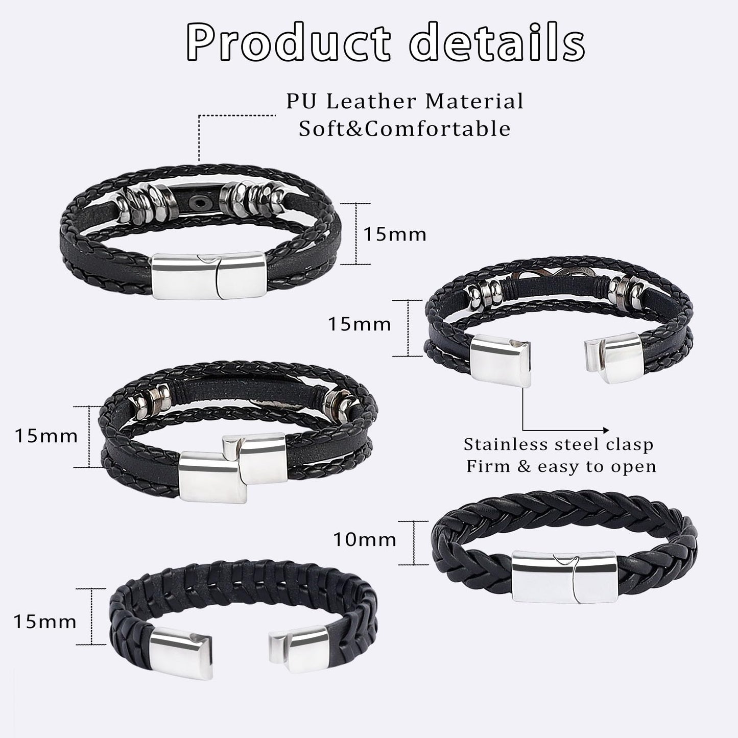 MILAKOO 5Pcs Punk Bracelets for Men Stainless Steel Clasp Woven Braided Leather Wristband Goth Style