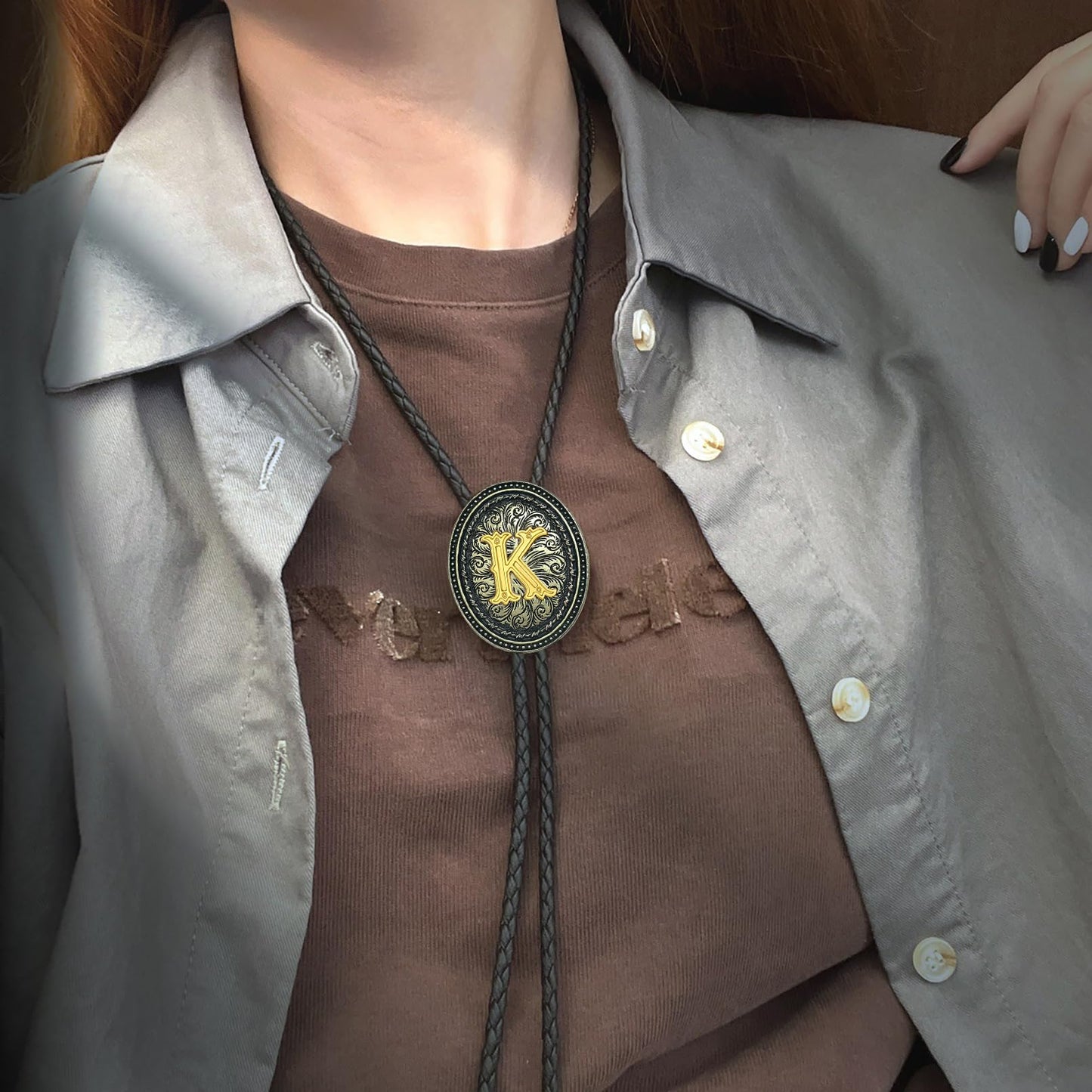 Sintcach Bolo Tie for Men Women, Western Cowboy Initial Letter Bolo Ties, Vintage Leather Necktie Western Accessories Cowboy Gifts, K