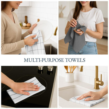 LANE LINEN Cotton Kitchen Towels and Dish Cloths Set, 6-Pack – Absorbent, Quick-Drying Dish Towel, 18" x 28", Soft, Premium Hand and Tea Towels - Grey