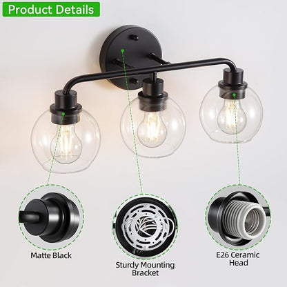 Bathroom Light Fixtures Black Vanity Light, 3 Light Modern Wall Sconces Lighting Bathroom Lights with Globe Clear Glass Shades, Bath Wall Lights Wall Lamp for Mirror Kitchen Living Room Hallway