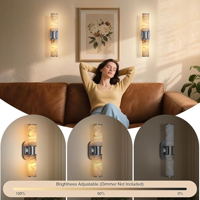 22.2" Alabaster Wall Sconce, Brass Bathroom Wall Sconce, Spanish Natural Marble Sconces Modern Wall Lights Lamps for Bedroom Living Room Stairs Indoor Hallway Vanity, Nickel