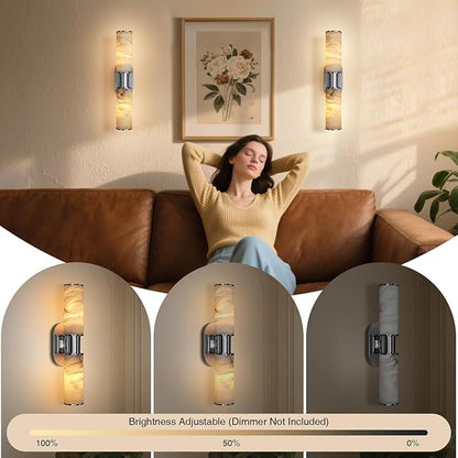 22.2" Alabaster Wall Sconce, Brass Bathroom Wall Sconce, Spanish Natural Marble Sconces Modern Wall Lights Lamps for Bedroom Living Room Stairs Indoor Hallway Vanity, Nickel