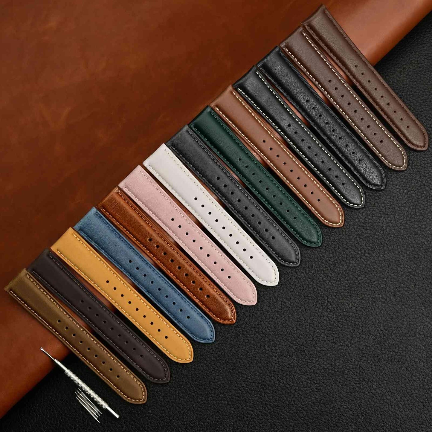 WOCCI 23mm Vintage Leather Watch Band for Men and Women, Silver Buckle (Dark Brown/Contrasting Stitch)