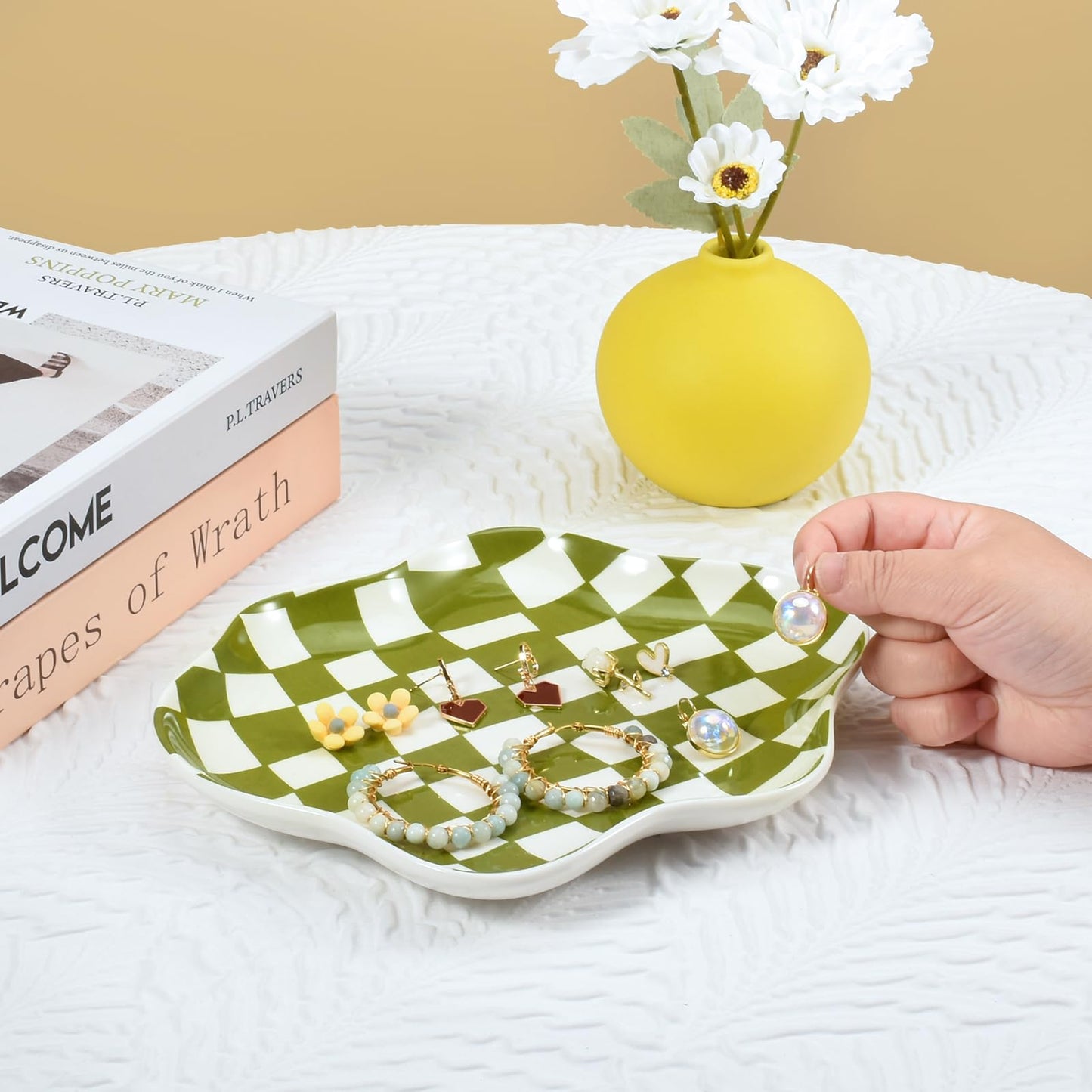 Koythin Jewelry Tray, Ceramic Jewelry Dish Trinket Tray Organizer, Checkered Pattern Aesthetic Decorative for Kitchen, Bathroom (Green Plaid)