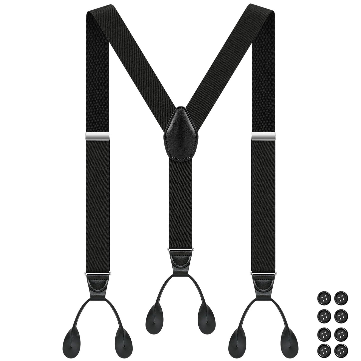 Button Suspenders for Men Y-Back 1.4 Inches Wide Leather Button End Elastic Adjustable Suspenders for Men Tuxedo Black Braces