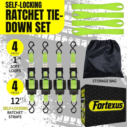 Fortexus Retractable Ratchet Straps,1'' x 12' Tie Downs Automatic Retractable Ratchet Straps 1760lb Break Strength for Trailer,Motorcycle,Scooter,Pickup Truck,UTV,Kayak(Neon Green,4 Pack)