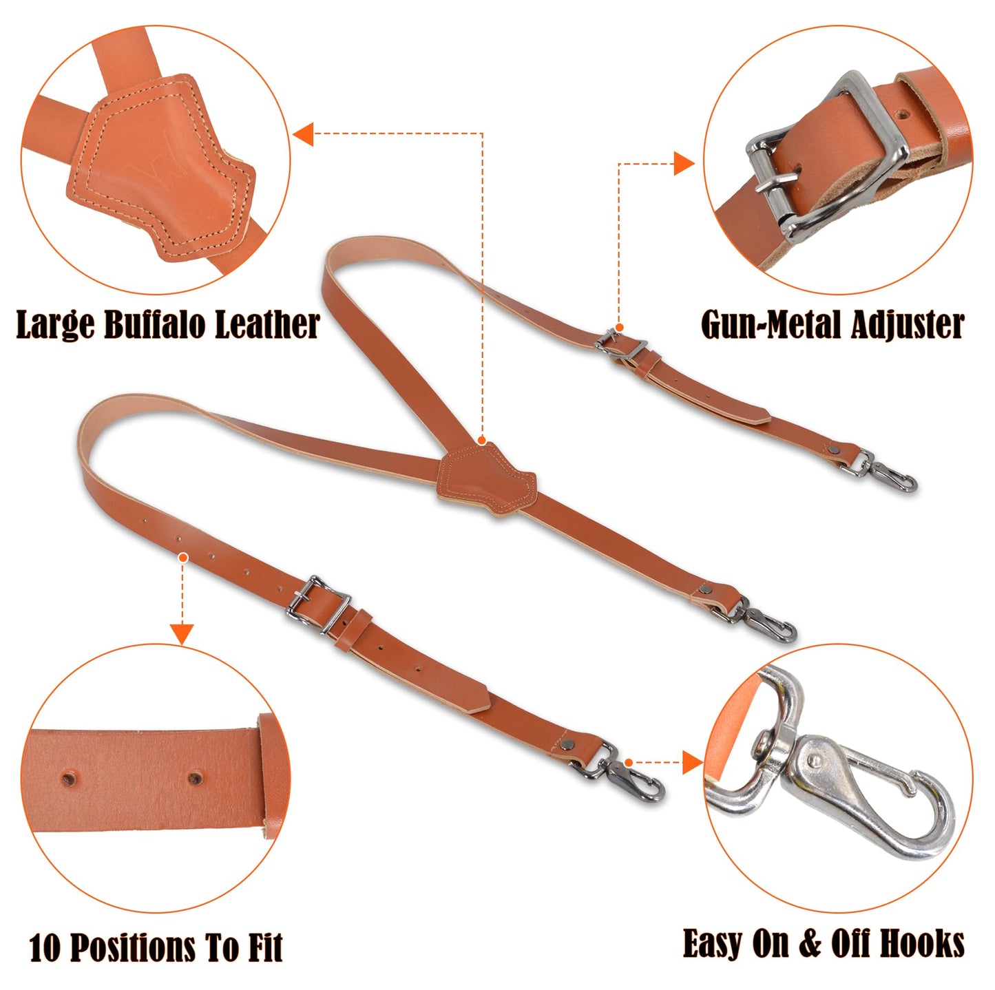 WELKINLAND Buffalo Leather Suspenders - Heavy Duty Work Suspenders for Men, Brown Leather with Hooks