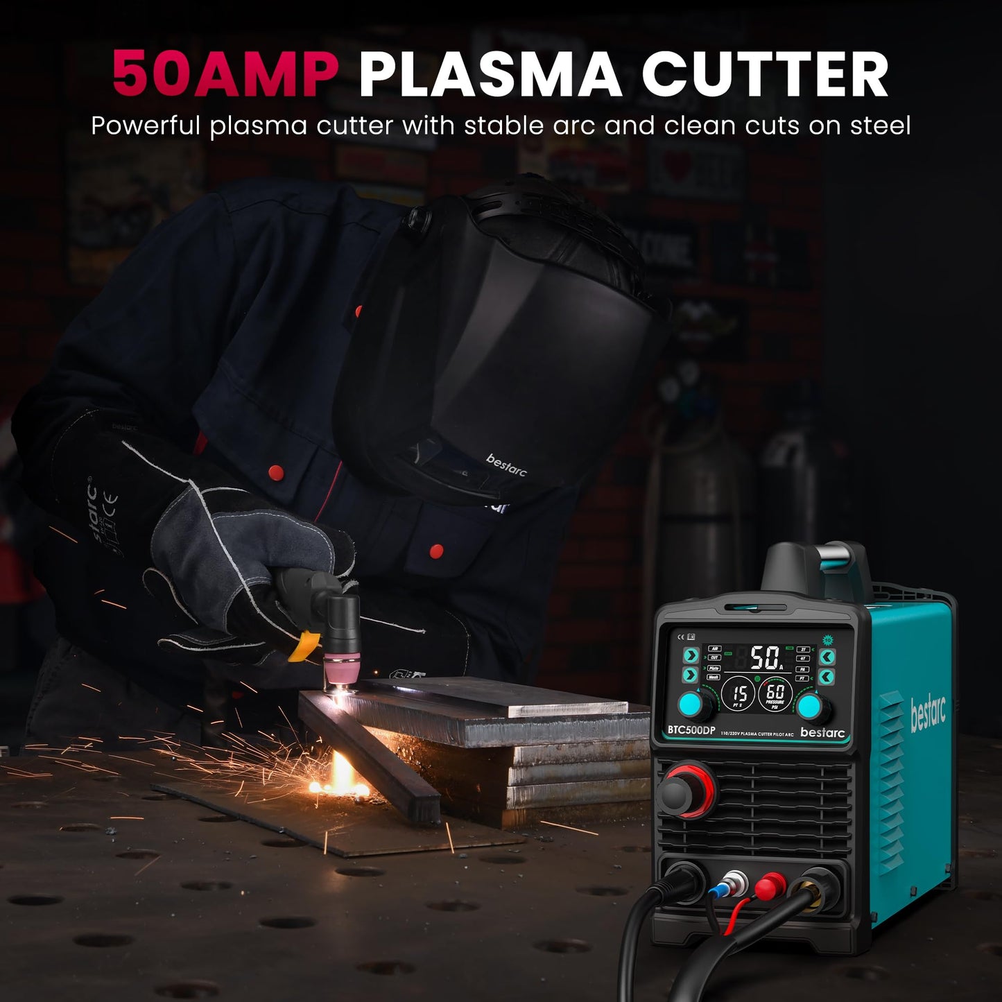 bestarc Plasma Cutter, [Pilot Arc][Large LED Display][Air Sensor] 50A bestarc Plasma Cutter Machine 110/220V Dual Voltage, 1/2 Inch Clean Cut 4/5 Inch Max Cut, Post Flow Mesh, 2T/4T for Beginners DIY