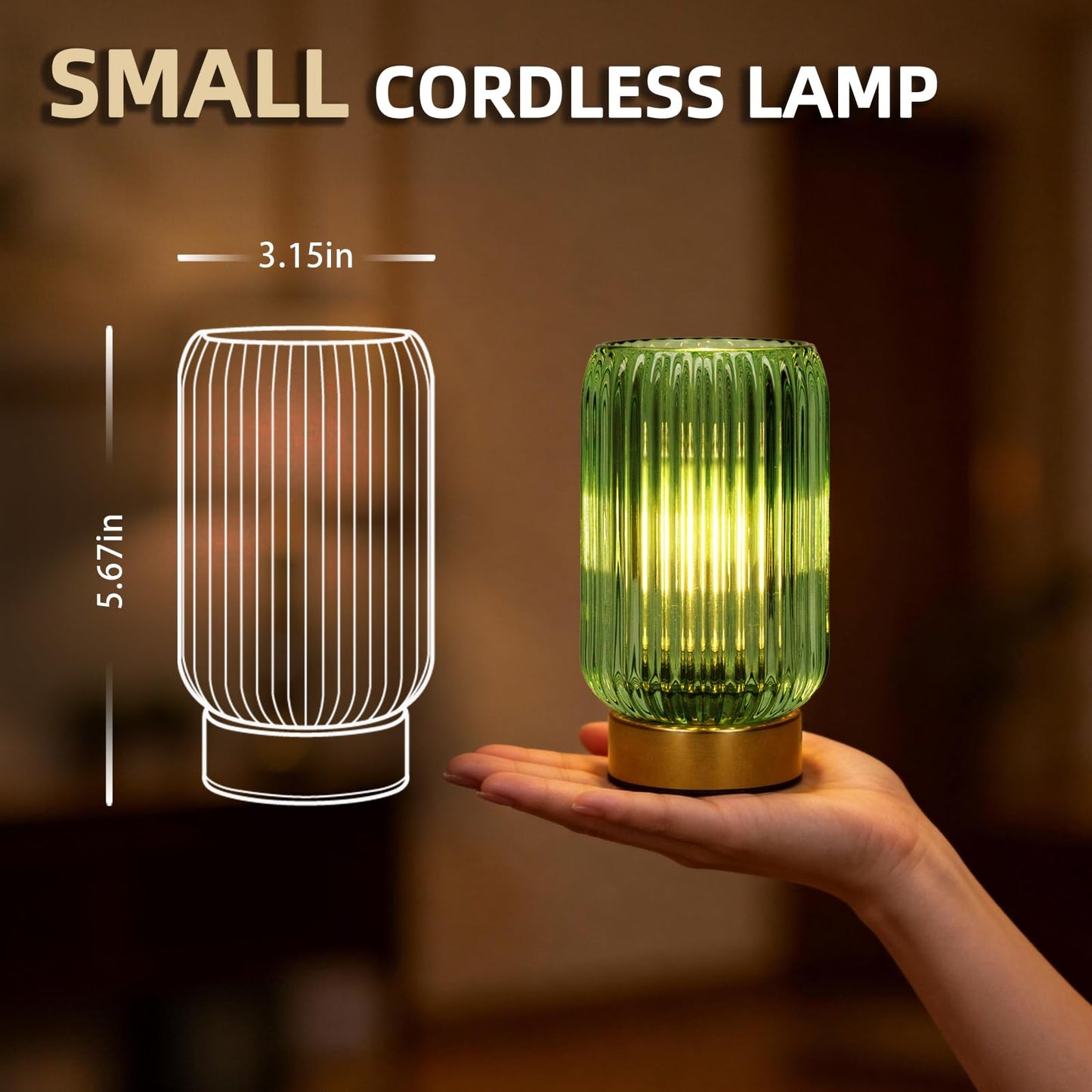 MJ PREMIER Cordless Lamp, Battery Operated Lamp with Timer, Green Glass Lampshade, Small Table Lamps for Area No Plug, Decorative Led Light for Bedroom Living Room Shelf (Green)