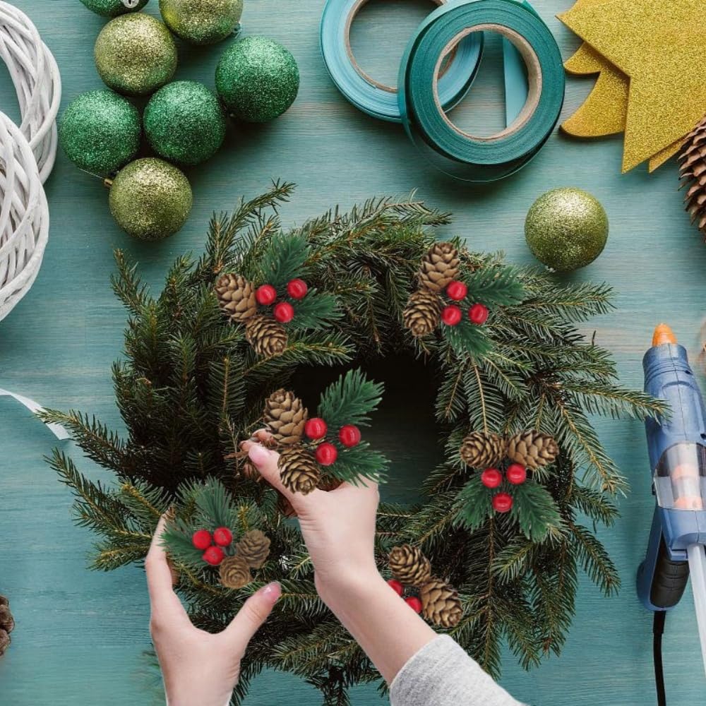 YGbridge Christmas Floral Picks, 50Pcs Pine Cone Holly Berry Stems for Crafts, Artificial Christmas Picks and Sprays, Red Berry Branches Greenery for Christmas Home Decor, Garland, Wreath (50)