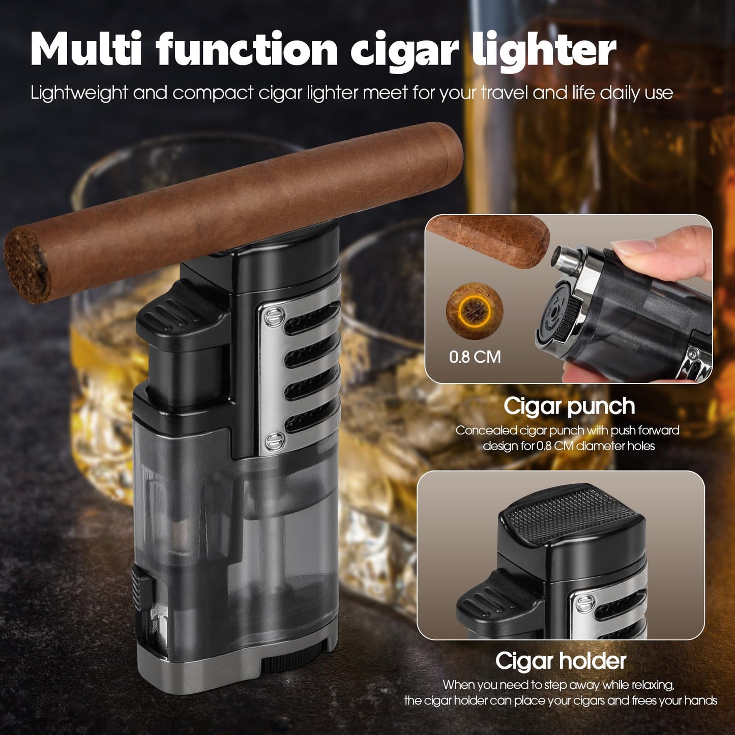 SEMKONT Cigar Humidor, Portable Travel Cigar Box, Double Cigar Humidor with Separate Storage for Cigar Accessories, Cigar Travel Case with Cigar Lighter(No Butane), Holds 5 Cigars (Black)
