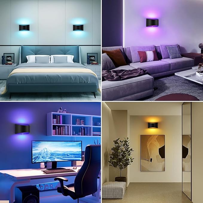 Lightess Rechargeable Wall Sconce, 13 RGB Colors Battery Operated Wall Sconces with Remote & Touch Control, Cordless Wall Lamp Black, Stick On Wall Lights for Bedroom