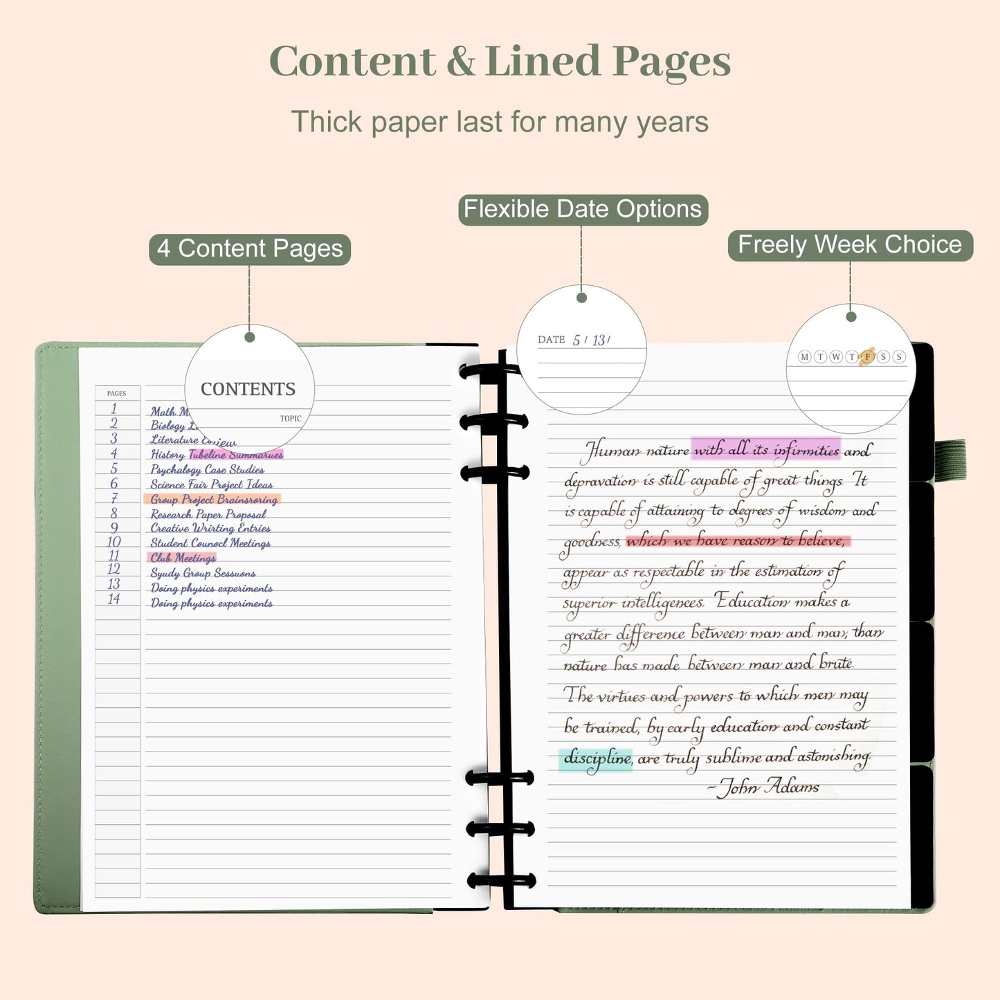 Yoment Refillable Notebooks for Work 5 Subject with Removable Dividers Tabs 240 Pages Hardcover Leather Journals for Writing Large Discbound Planner Colleged Ruled Paper for Women Men 8.58 x 11,Green