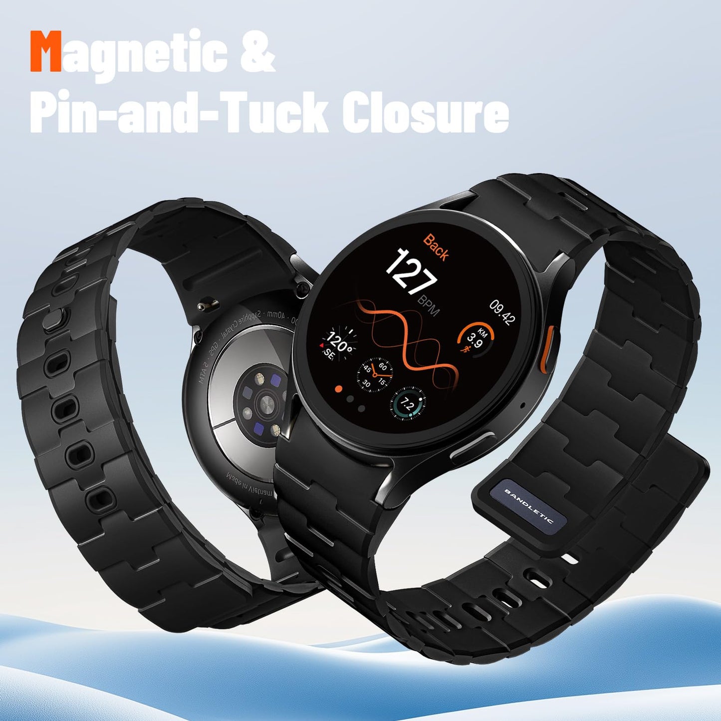 Bandletic Magnetic Silicone Band Compatible with Samsung Galaxy Watch 7 6 5 4 FE 40mm 44mm/for Galaxy Watch 6 4 Classic 43mm 47mm 42mm 46mm/Watch 5 Pro 45mm, 20mm No Gap Strap for Men Women, Black