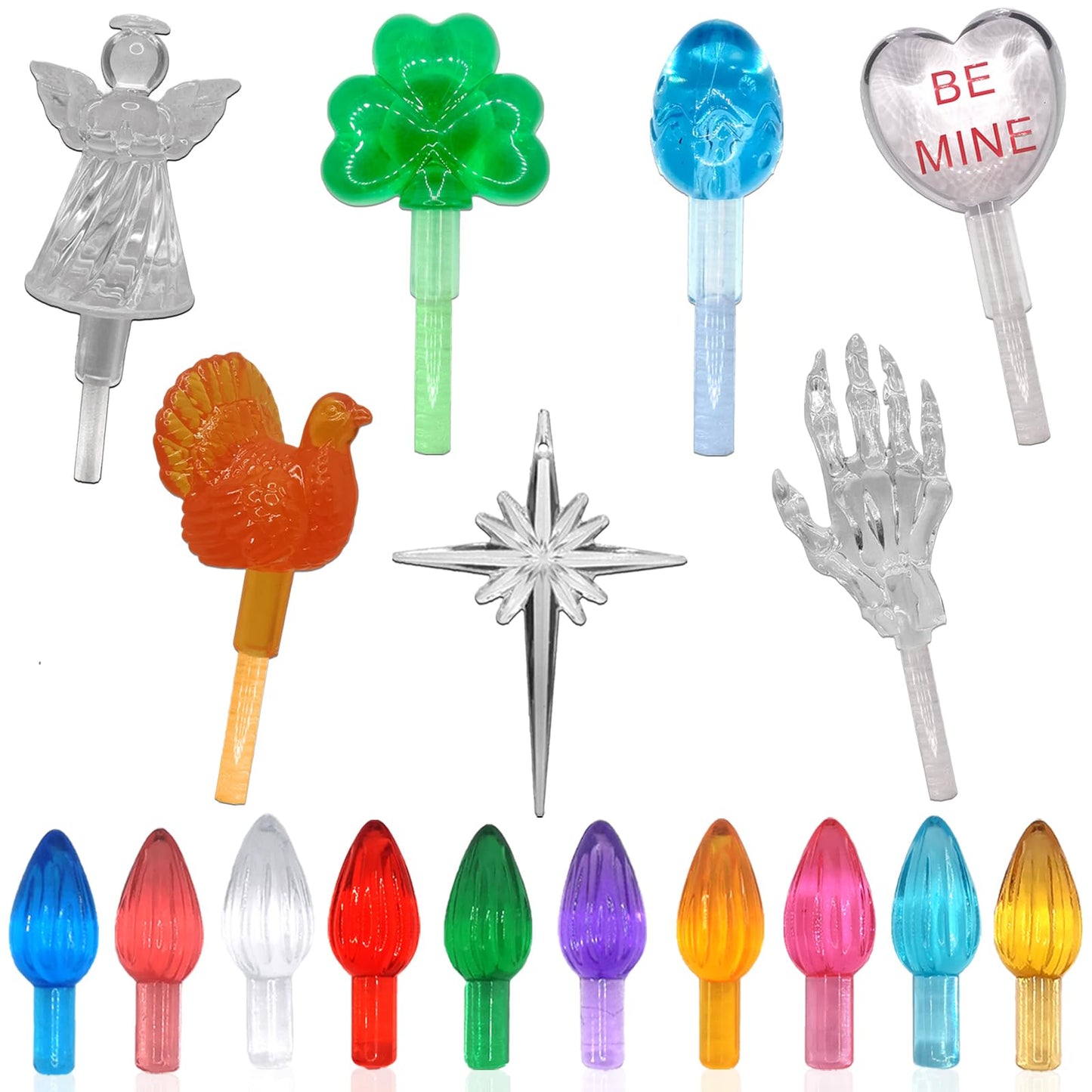 110Pcs in 10 Colors Ceramic Christmas Tree Replacement Lights - Plastic Bulbs Pegs, Included Angel Topper/Heart Top/Cross Stars/Egg/Turkey/Skeleton Hand/Clover.