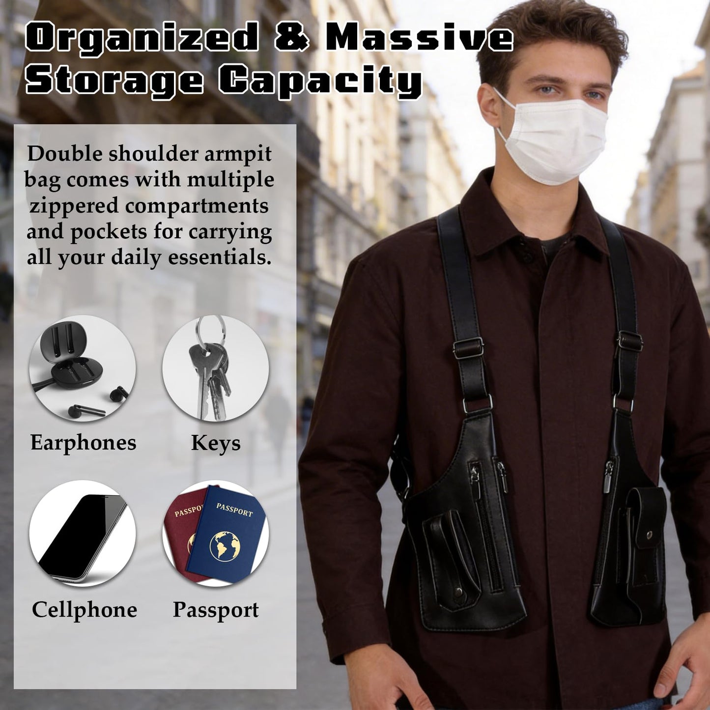 Underarm Shoulder Bag for Men, Leather Double Shoulder Armpit Bag with Adjustable Design & Multi-Pocket, Premium Wallet Holster for Outdoors, Travel (Black)