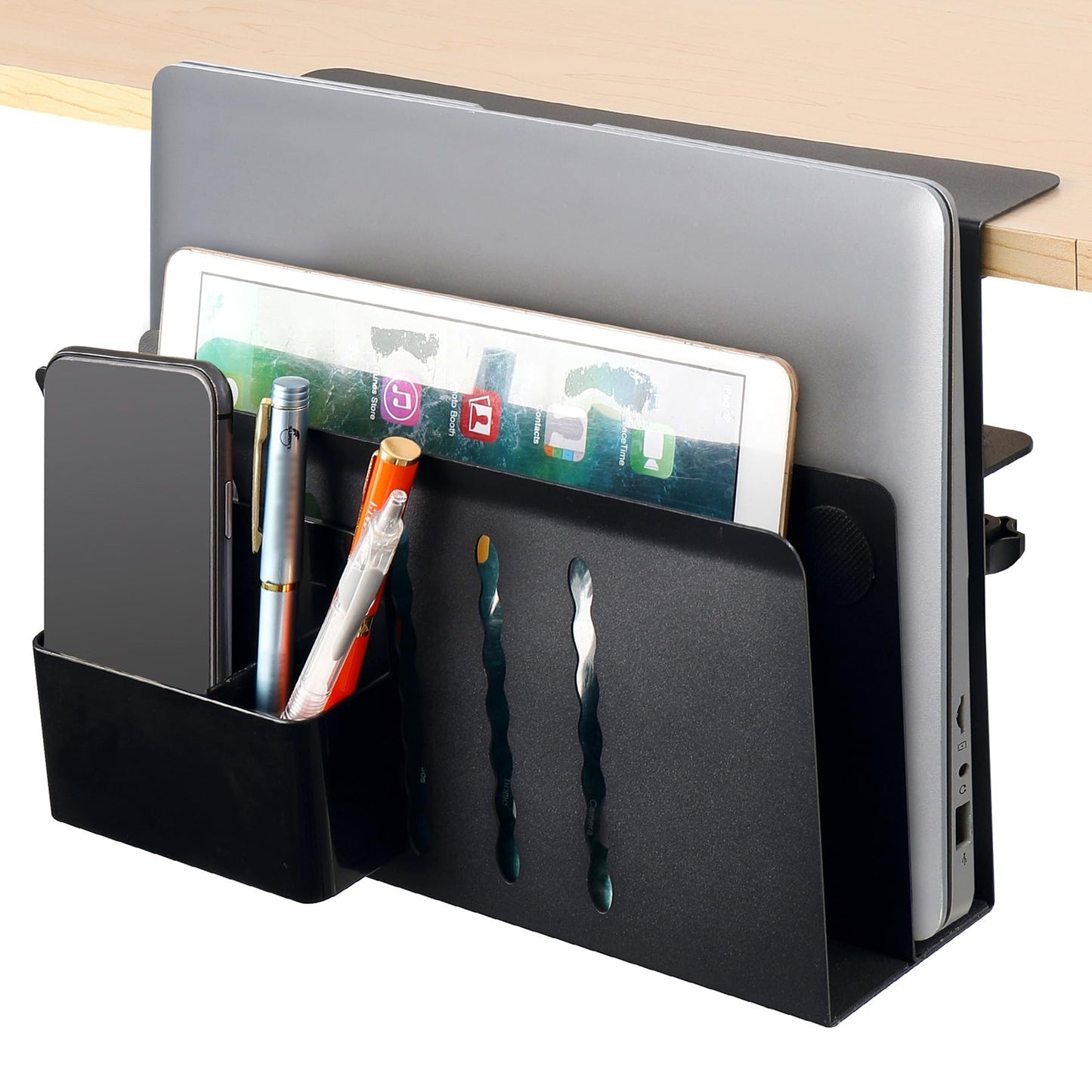 Desk Side Storage Under Desk Laptop Holder, No Drill Hanging Desk Organizer with Pen Holder, Clamp-On Table Side Tray Desktop Organization Mount for Office and Home (White)