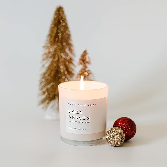 Sweet Water Decor Cozy Season Soy Candles - Fall Candles with Woods, Warm Spice, and Citrus Scent for Home Decor - Soy Candle with 50 Hours Burn Time - 11Oz Wood Lid White Jar Candles Fall Scents