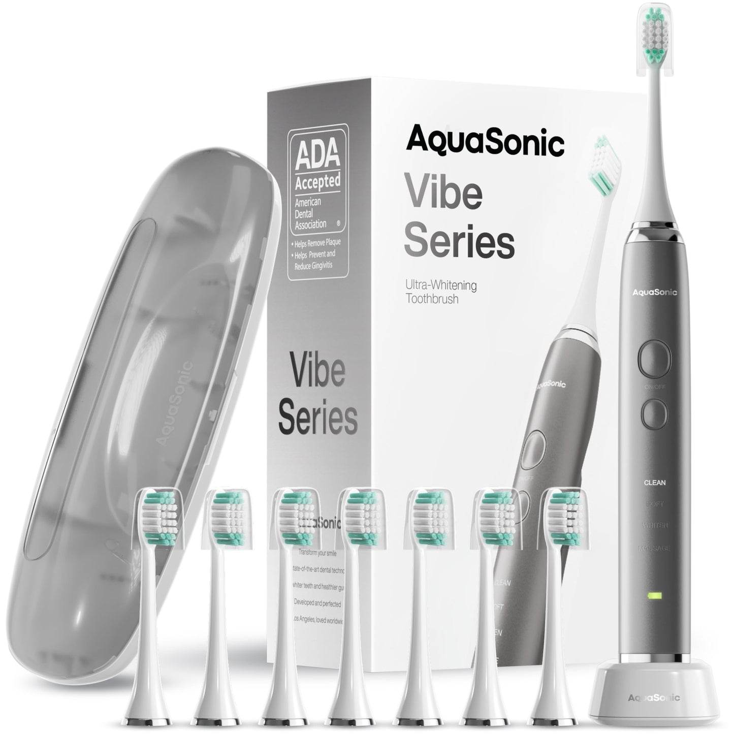 Aquasonic Vibe Series Ultra-Whitening Toothbrush – ADA Accepted Electric Toothbrush - 8 Brush Heads & Travel Case – 40,000 VPM Motor & Wireless Charging - 4 Modes w Smart Timer – Satin Rose Gold