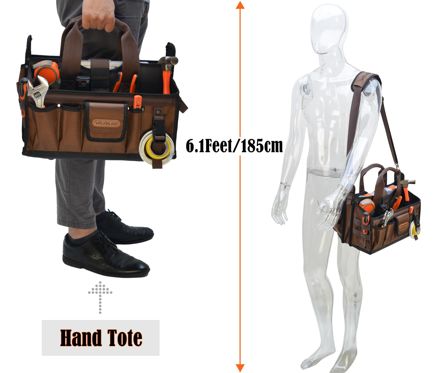 WELKINLAND 20-Pockets Tool Tote Bag, 16" Electrician Tool Bag, Open-Top Tool Bag, Stay-Up HVAC Tools Bag, Brown Tech Tools Bags, HVAC Bag, Tool Tote Bag With Handle