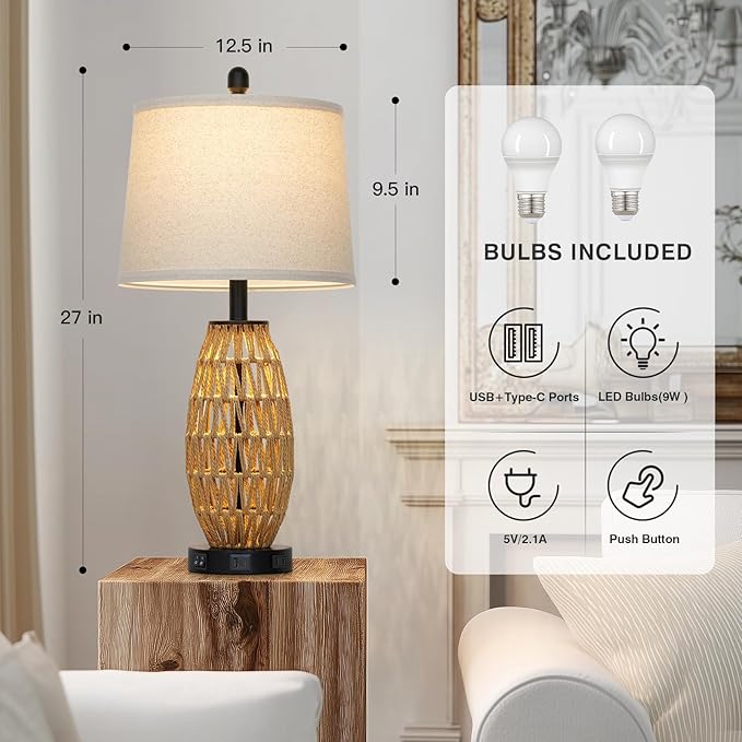 27" Rattan Table Lamps Set of 2, Boho Bedside Lamp for Bedroom with Night Light, Coastal Woven Wicker Nightstand Lamps with USB A+C Charging Port & AC Outlet, Tall Farmhouse Living Room Lamp