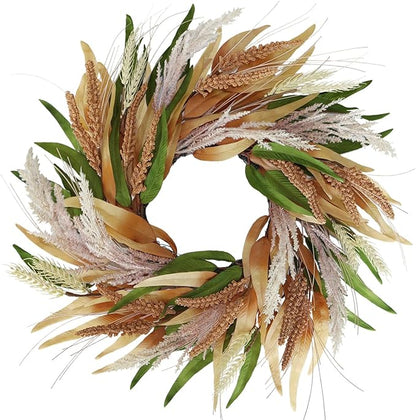 20" Fall Wreaths for Front Door with Green Brown Foliage Grain Ear Wheat and Pampas Grass – Boho Thanksgiving Harvest Wreath, Front Door Porch Decor.