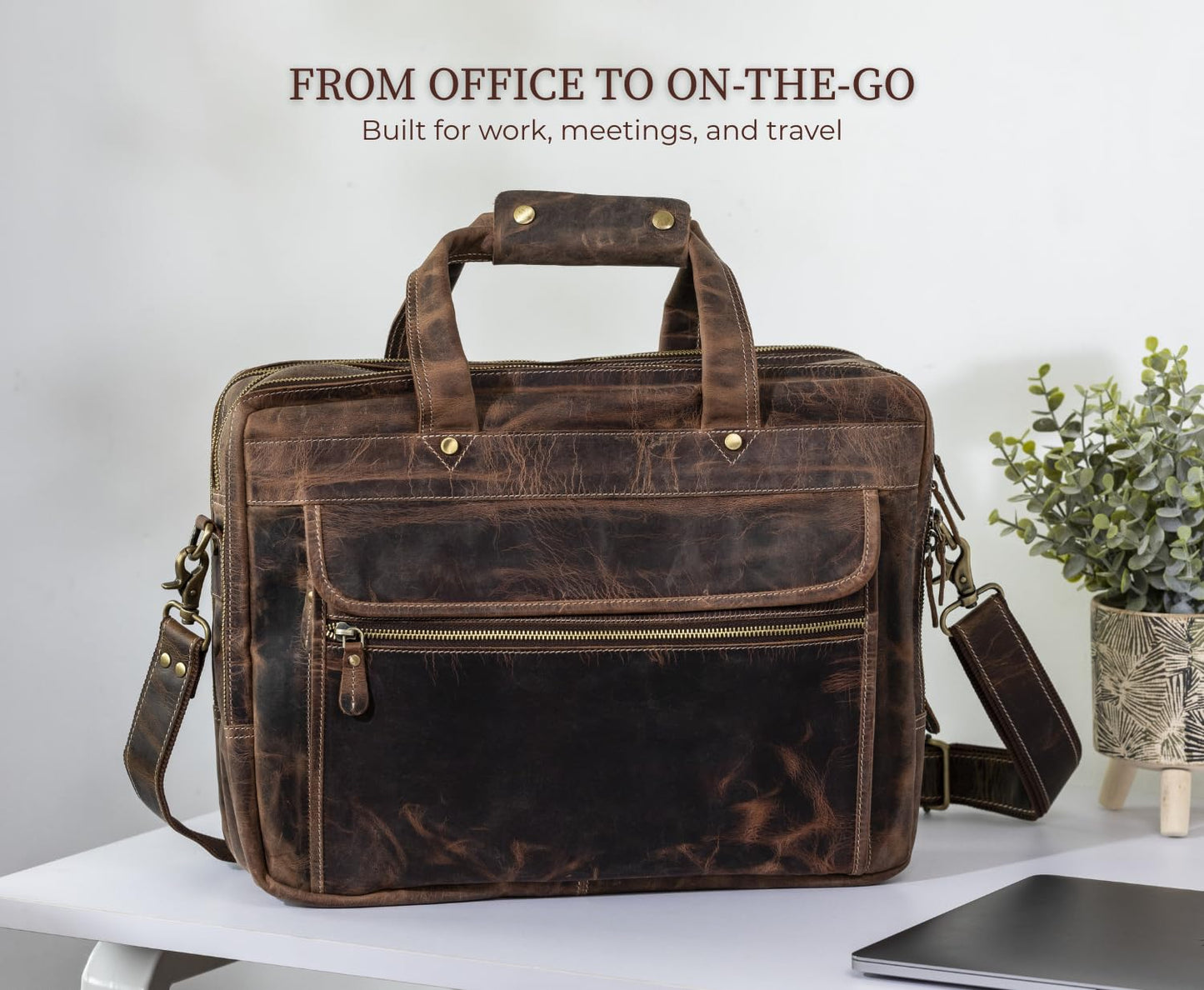 Brown Leather Messenger Bag for Men, Genuine Leather Briefcase Fits 15 Inch Work Satchel for Office, Business, and Travel Use