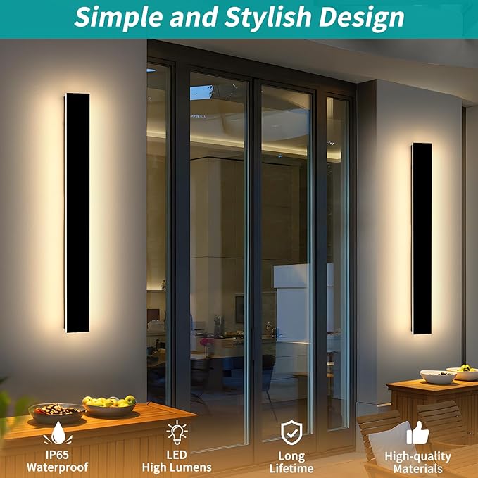 Mikeru 3CCT Dimmable Outdoor Wall Sconce 31.4" IP65 Waterproof -2Pack Modern Black Exterior Light with Remote Control, Adjustable 3000K/4500K/6000K for Porch, Patio & Commercial Spaces | Hardwired