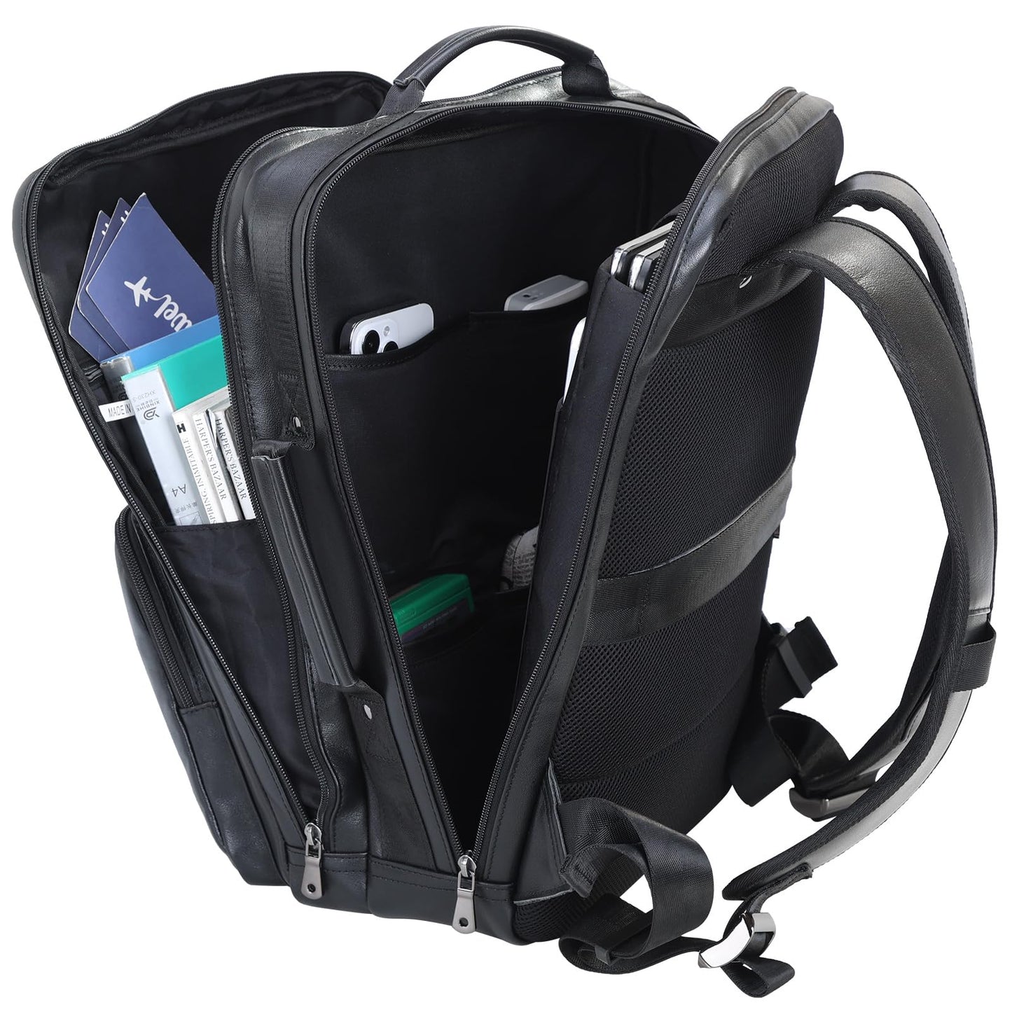 TIDING 17.3" Leather Laptop Backpack for Men Multi Pockets Casual Daypack Business Travel Rucksack, Black