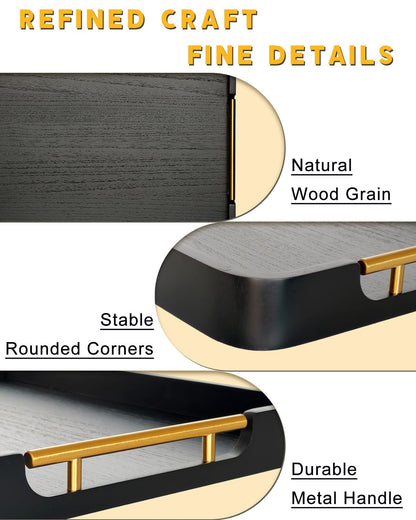 OurMiao 22" x 15.75" Black Wooden Serving Tray with Gold Metal Handles & Rounded Corners, Large Rectangular Wood Ottoman Tray for Living Room, Coffee Station