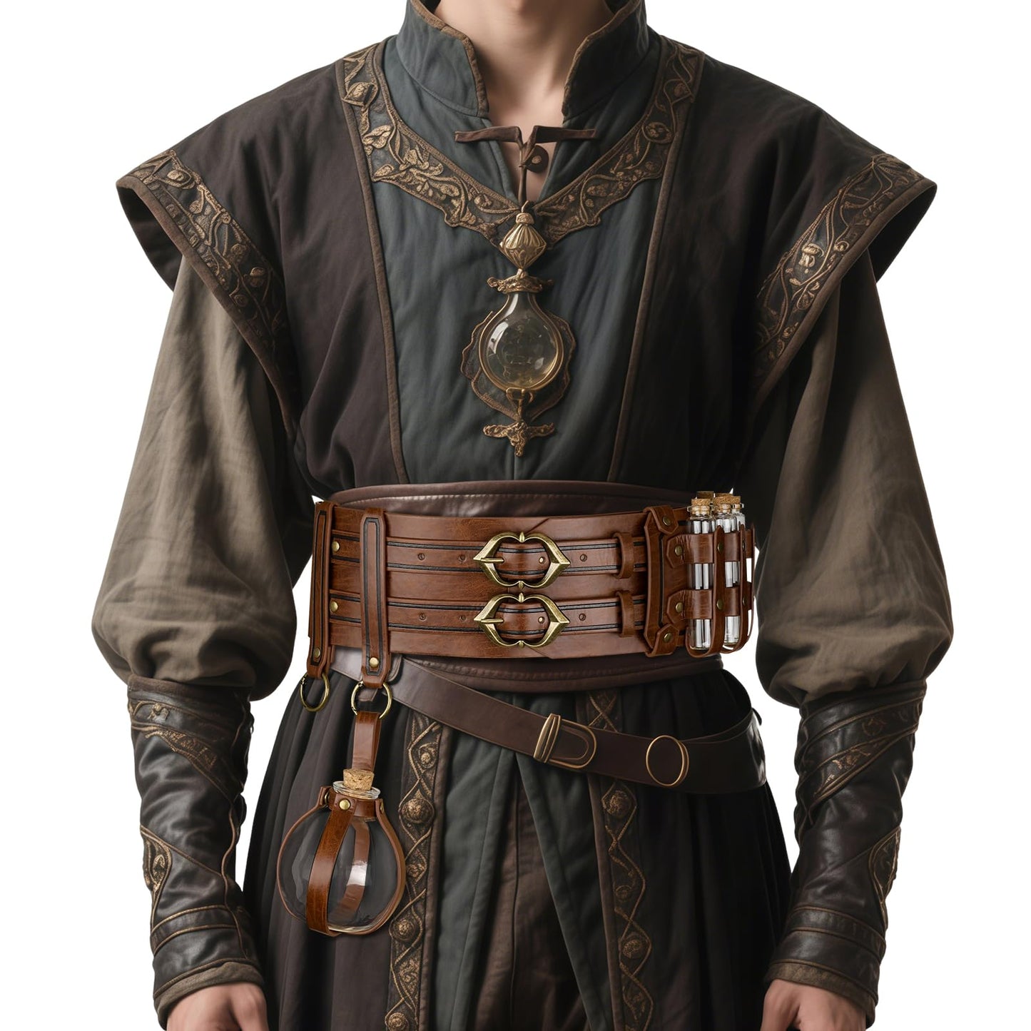 HiiFeuer 5PCs Medieval Faux Leather Alchemy Wide Belt with Skirt Hike Potion Vials Glass Bottle, Fantasy Corset Belt Cosplay (Brown A)