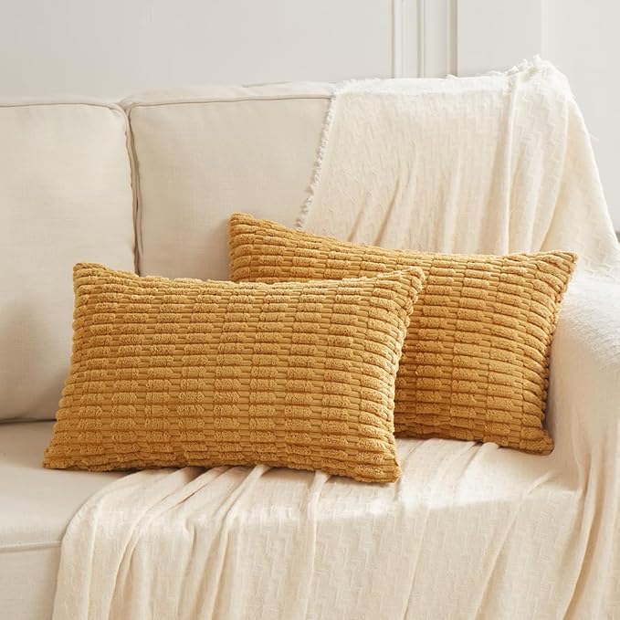 Fancy Homi Mustard Yellow Lumbar Decorative Throw Pillow Covers 12x24 Inch for Living Room Couch Bed Sofa, Rustic Farmhouse Boho Home Decor, Soft Striped Corduroy Rectangle Cushion Case 30x60 cm