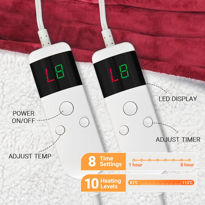 Electric Heated Blanket Queen Size 84''x90'' Soft Flannel & Sherpa Electric Blanket with 10 Heating Levels, Automatically Shut Down After 8h with Overheat Protection Machine Washable