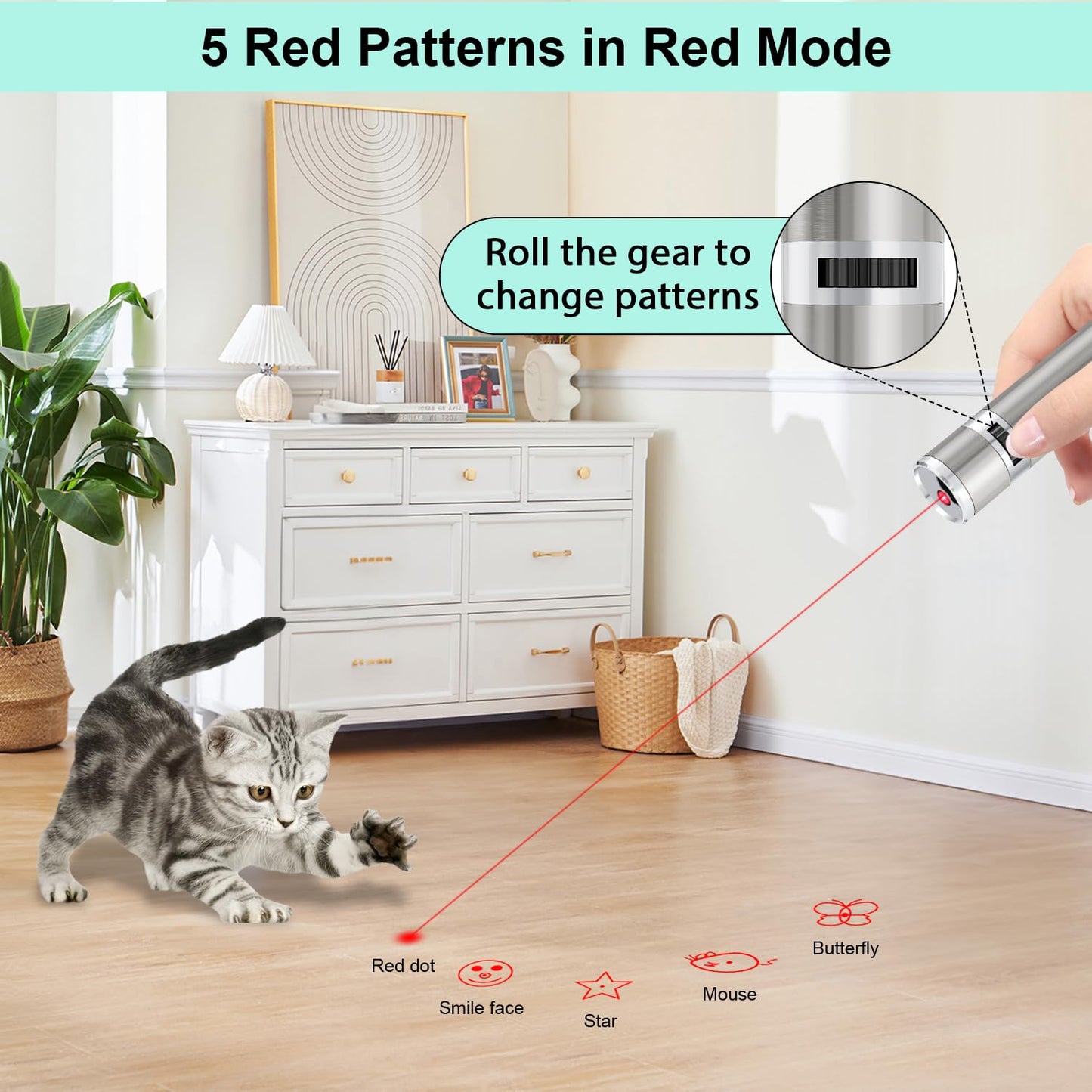 TBTeek Cat Toys, USB Rechargeable Kitten Toy, 3 Light Modes & 5 Adjustable Patterns, Portable Interactive Pet Dog Cat Mouse Toy for Fun Chase Play Exercise