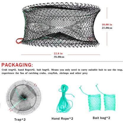 Drasry Crab Trap Bait Lobster Crawfish Shrimp Portable Folded Cast Net Magic Collapsible Fishing Traps Nets Accessories for Blue Crabs 2PCS (23 in * 9.8 in) Green (0.61 in Mesh)