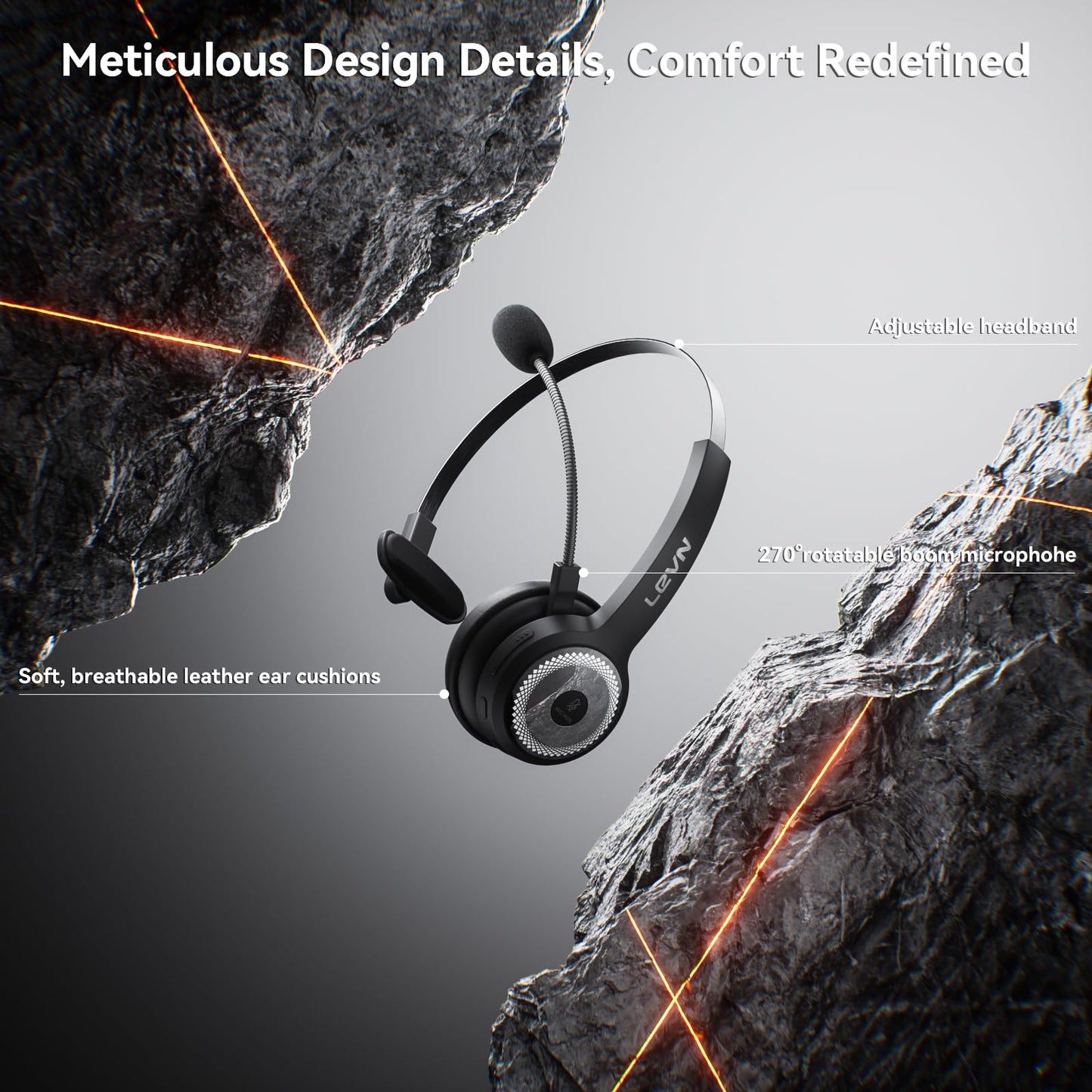 LEVN Wireless Headset with Mic for Work, Wireless Headset (Charging Base, Noise Cancelling & Mute Button), Long Battery Life, Bluetooth Headsets for Home/Office/Call Center/Laptop/Teams/Zoom, Black