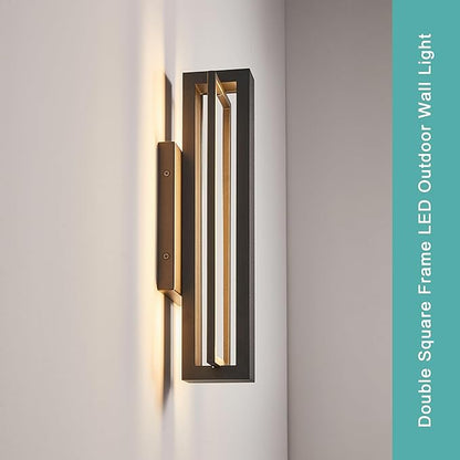 Double Square Frame Outdoor LED Wall Light, 15 Inch Textured Black Wall Sconce, Sleek Modern Light Fixture, Integrated LED 3000K 16W, Outside Lights for Patio, Porch, Front Door or Garage