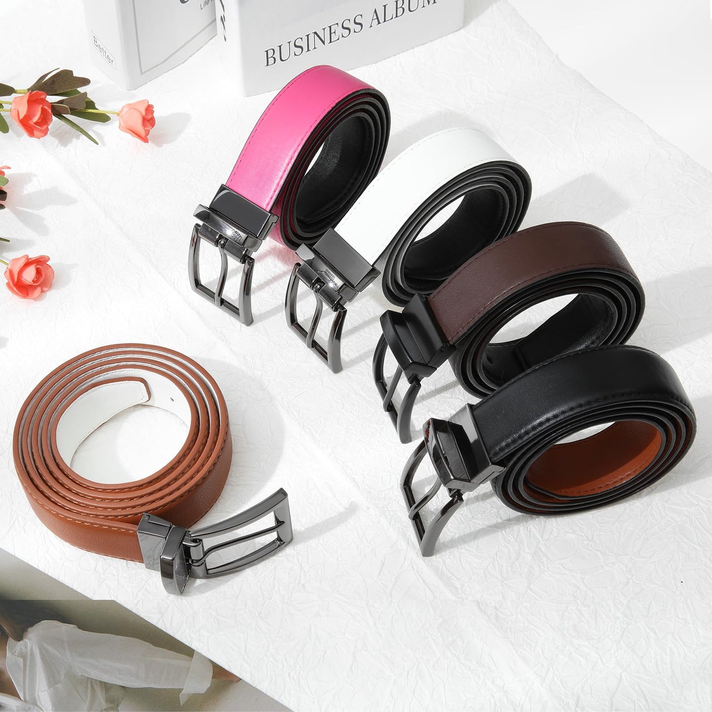 AWAYTR Reversible Leather Belt for Women - Two Color-in-One Belt for Jeans Dress Women Men Belt with Rotated Buckle(Brown/Black with Gun Color Buckle 32in-38in)