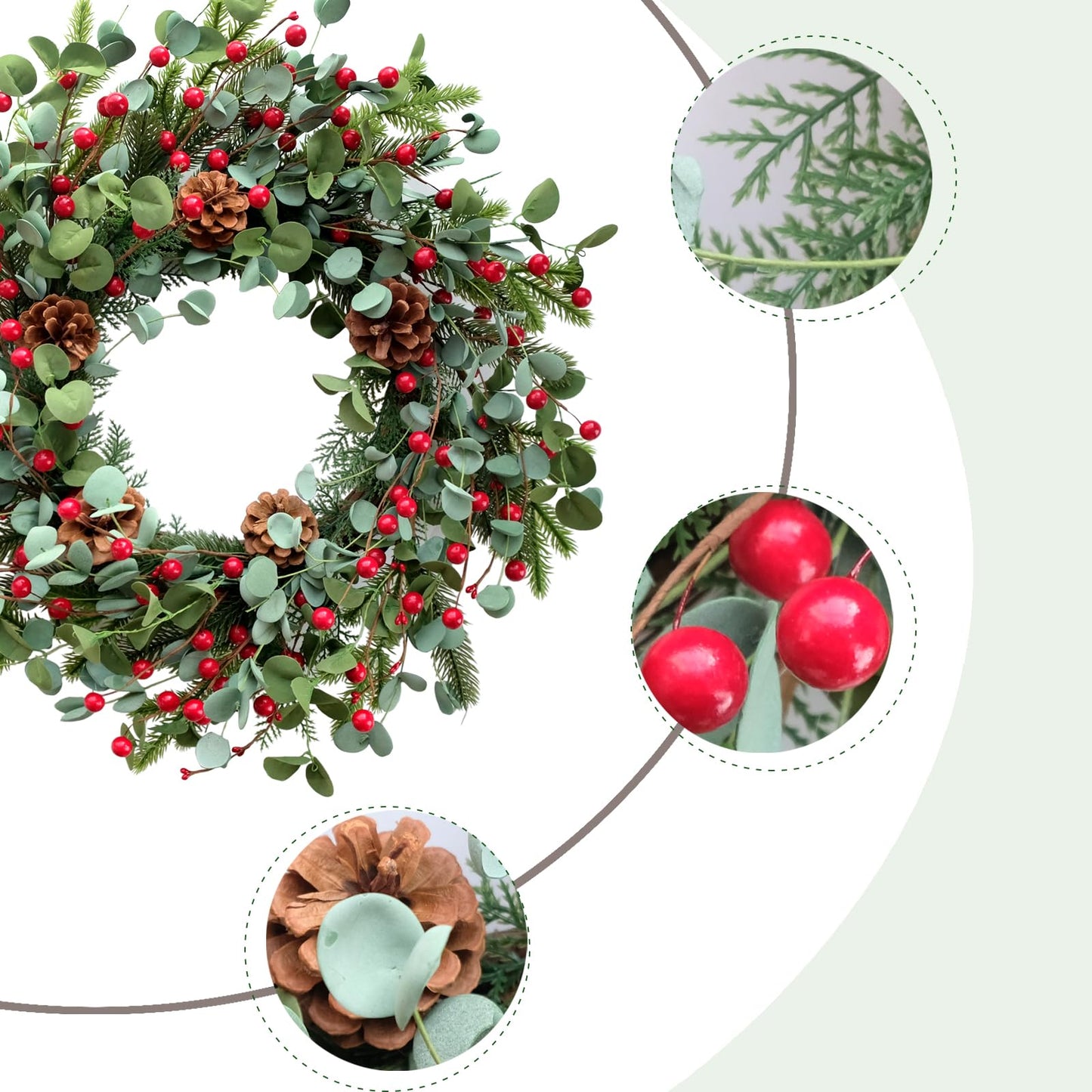 Idyllic Christmas Wreath for Front Door,20" Winter Wreath with Pine Cones Red Berries and Eucalyptus, Winter Decorations for Everyday Farmhouse Window Outdoor/Indoor