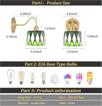 Vintage Battery Operated Wall Sconce Set of 2 with Remote, Rechargeable Wall Lamp 3 Colors Dimmable, Gold Lights Fixture for Bedroom Bathroom Living Room Hallway Green Checker