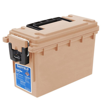 Sheffield 12627 Ammo Storage Box, Stackable .30 Cal Field Boxes, Water and Dust Resistant, Lockable Storage Box with Handle, Secures Hunting Gear, Supplies, and Bullets, Made in USA, Tan, 1-Pack