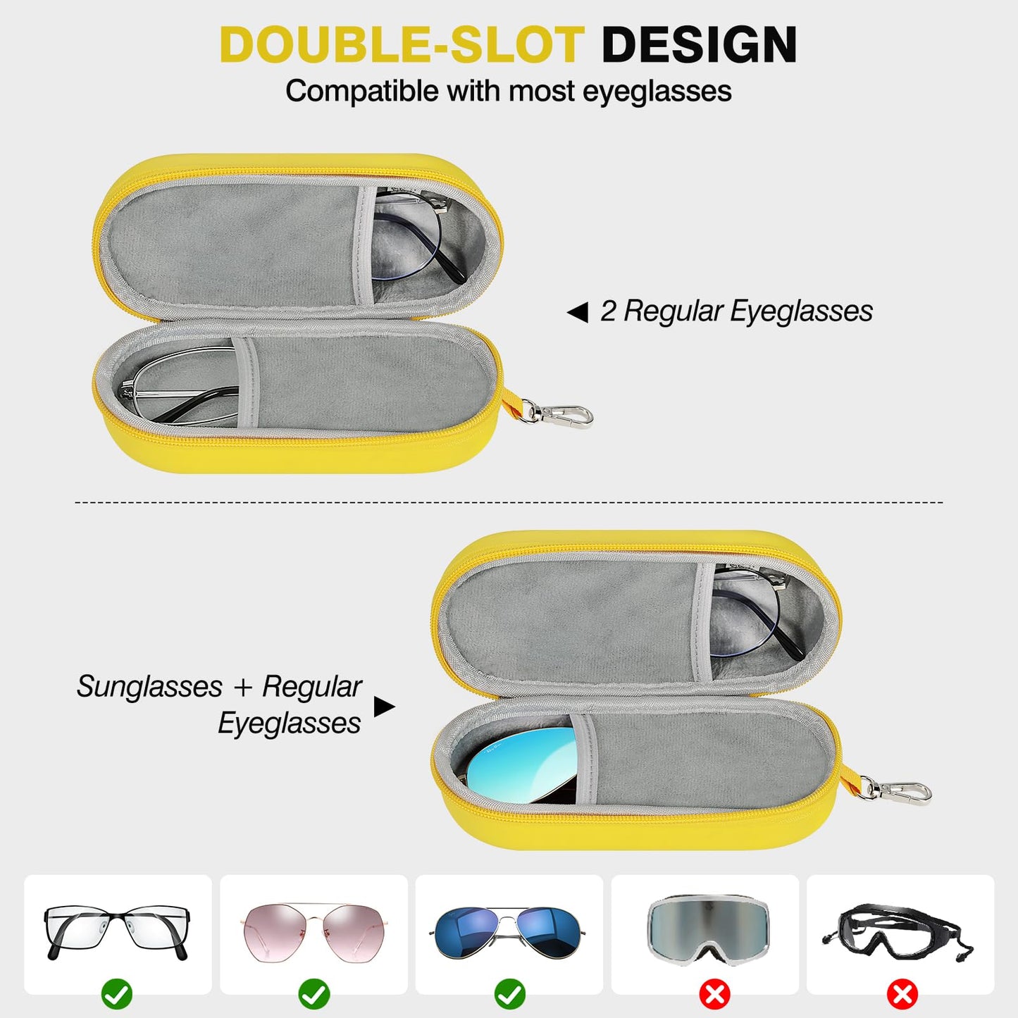 MoKo Double Glasses Case Hard Shell, Portable Travel Eyeglasses Case with Zipper Closure & Metal Hanging Hook, PU Leather Dual Sunglass Organizer for Women, Men, Yellow-Oval