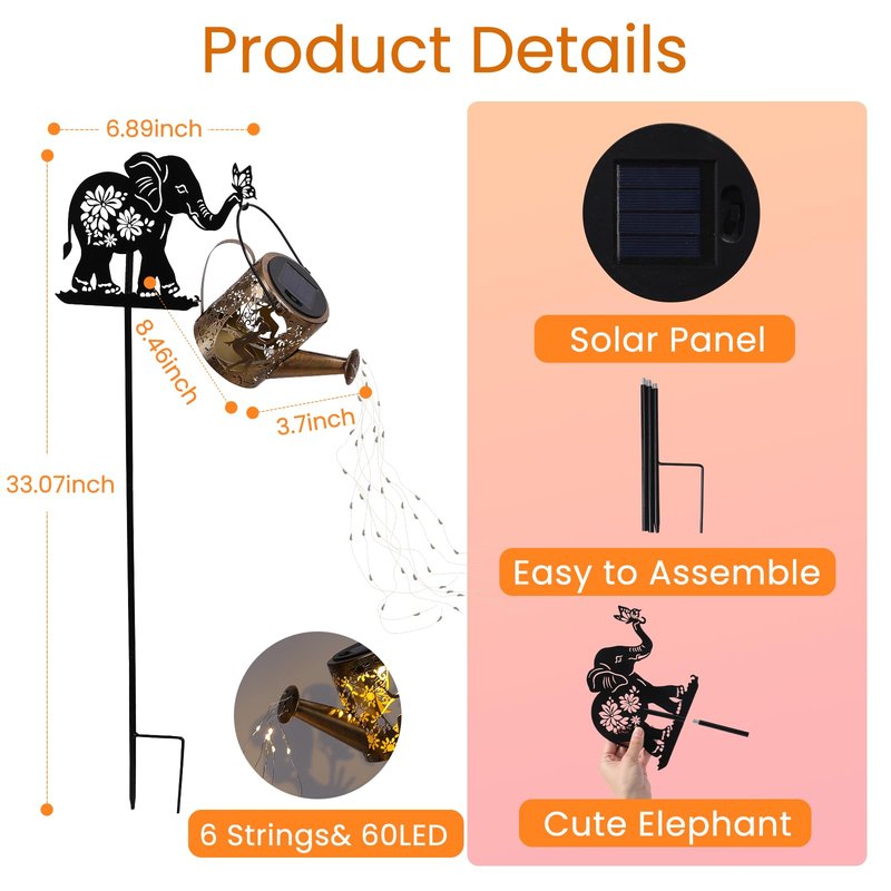 LOVERUIS Solar Garden Decor,Outdoor Elephant Statues with Solar Watering Can Lights-Yard Decorations for Patio, Backyard, Lawn Ornaments-Unique Birthday House Warming Gifts for Women, Mom, Grandma